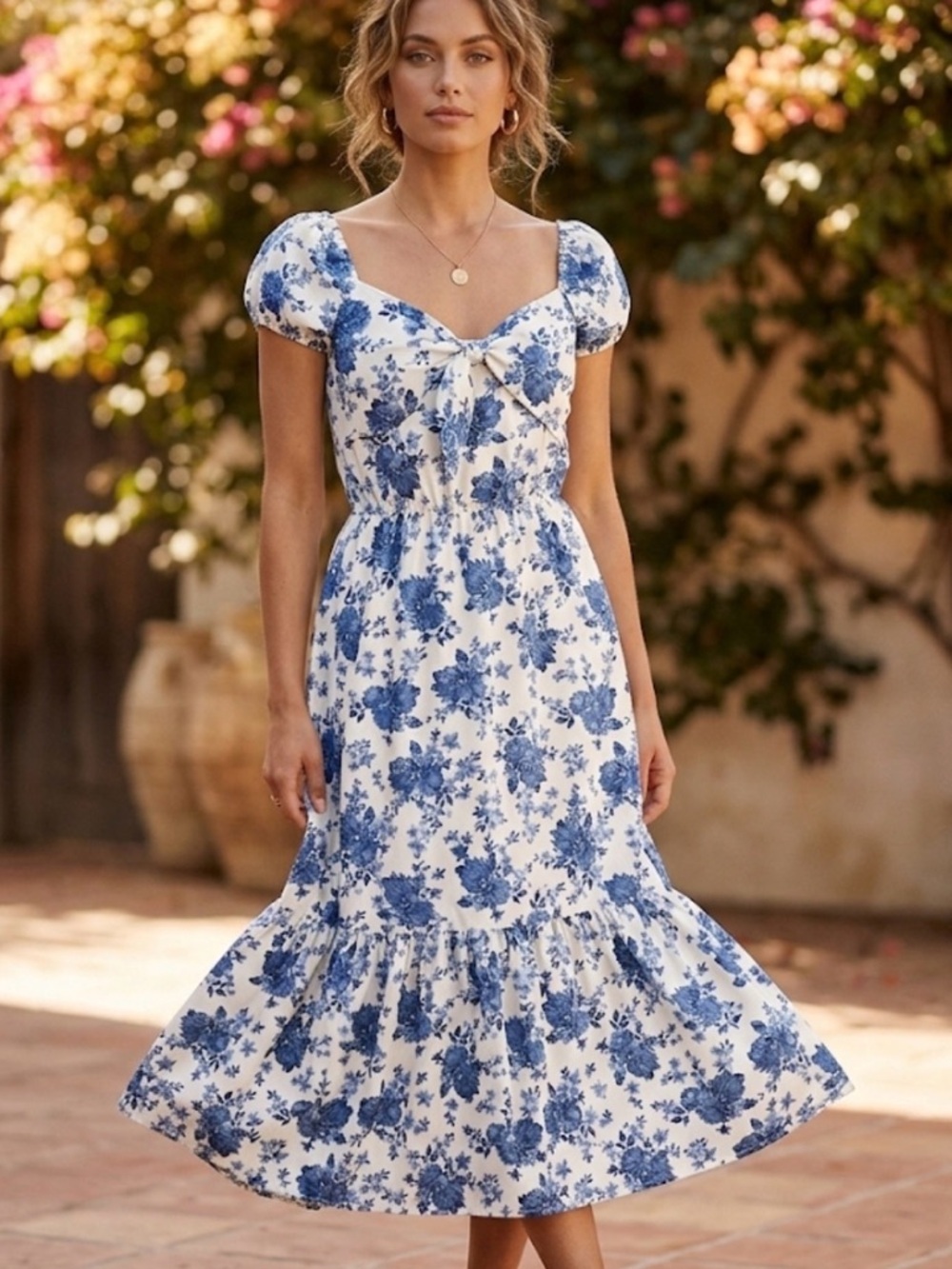 Lily Bleu White Maxi Dress with Blue Floral Print